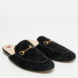 Pre Owned Gucci Princetown Size 41.5 Black GG Velvet Flat Mules