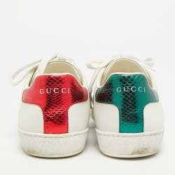 Pre Owned حذاء رياضي غوتشي جلد أبيض ونقشة جلد الأفعى أربطة مقاس 36