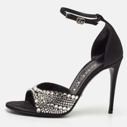 Pre Owned Gucci Size 37 Black Satin Crystal Embellishments Ankle Strap Sandals