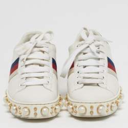 Pre Owned Gucci New Ace Size 35 White Leather and Python Embossed Faux Pearl Embellished Web Low Top Sneakers