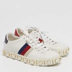 Pre Owned Gucci New Ace Size 35 White Leather and Python Embossed Faux Pearl Embellished Web Low Top Sneakers