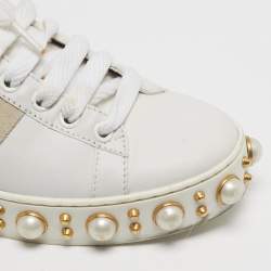 Pre Owned Gucci New Ace Size 35 White Leather and Python Embossed Faux Pearl Embellished Web Low Top Sneakers