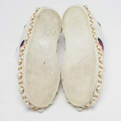 Pre Owned Gucci New Ace Size 35 White Leather and Python Embossed Faux Pearl Embellished Web Low Top Sneakers