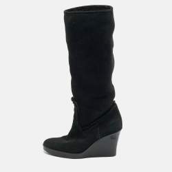 Pre Owned Gucci Courteney Size 36 Black Suede Wedge Knee Length Boots