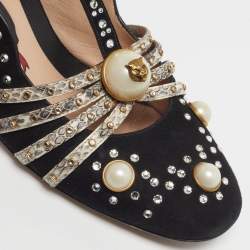 Pre Owned Gucci Ofelia Size 38.5 Black/Beige Snakeskin Embossed Leather and Suede Embellished Block Heel Pumps