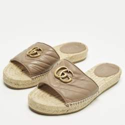 Pre Owned Gucci Interlocking G Size 36.5 Beige Leather Espadrille Sandals