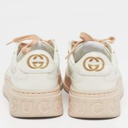 Pre Owned حذاء رياضي غوتشي منخفض من الجلد الأبيض/البيج بنقشة GG كبيرة مقاس 37