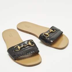 Pre Owned Gucci Horsebit Size 38.5 Black Fringe Leather Flat Slides