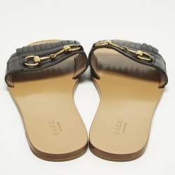 Pre Owned Gucci Horsebit Size 38.5 Black Fringe Leather Flat Slides