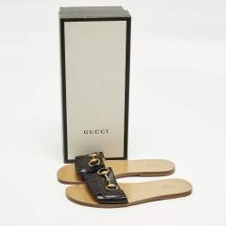 Pre Owned Gucci Horsebit Size 38.5 Black Fringe Leather Flat Slides