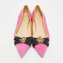 Pre Owned Gucci Size 38 Pink Leather and Suede Bow Bee Embellished Ballet Flats