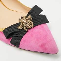 Pre Owned Gucci Size 38 Pink Leather and Suede Bow Bee Embellished Ballet Flats