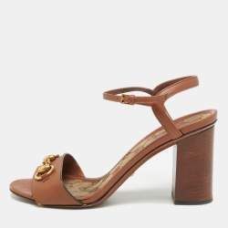 Pre Owned Gucci Horsebit Size 38.5 Brown Leather Block Heel Ankle Strap Sandals