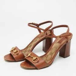 Pre Owned Gucci Horsebit Size 38.5 Brown Leather Block Heel Ankle Strap Sandals
