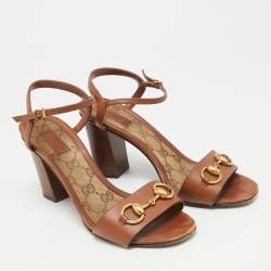 Pre Owned Gucci Horsebit Size 38.5 Brown Leather Block Heel Ankle Strap Sandals