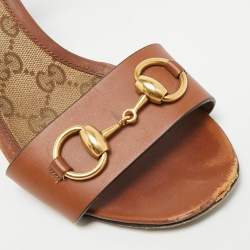 Pre Owned Gucci Horsebit Size 38.5 Brown Leather Block Heel Ankle Strap Sandals