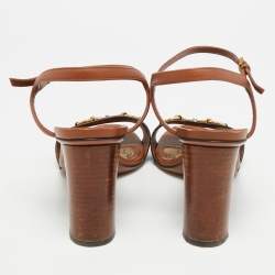 Pre Owned Gucci Horsebit Size 38.5 Brown Leather Block Heel Ankle Strap Sandals
