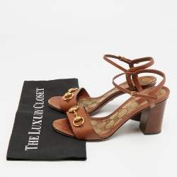 Pre Owned Gucci Horsebit Size 38.5 Brown Leather Block Heel Ankle Strap Sandals