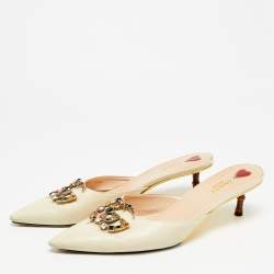 Pre Owned Gucci GG Size 41 Cream Leather GG Crystal Embellishments Pointed Toe Mules