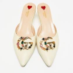 Pre Owned Gucci GG Size 41 Cream Leather GG Crystal Embellishments Pointed Toe Mules