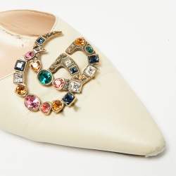 Pre Owned Gucci GG Size 41 Cream Leather GG Crystal Embellishments Pointed Toe Mules
