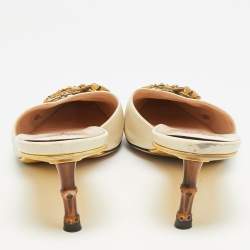 Pre Owned Gucci GG Size 41 Cream Leather GG Crystal Embellishments Pointed Toe Mules