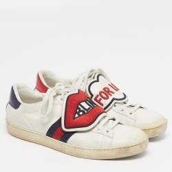 Pre Owned Gucci Ace Size 38.5 White Leather and Python Embossed Blind For Love Patch Low Top Sneakers