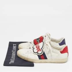 Pre Owned Gucci Ace Size 38.5 White Leather and Python Embossed Blind For Love Patch Low Top Sneakers