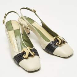 Pre Owned صندل غوتشي يوساغي هالف مون جلد كريمي/أسود فتحة كعب شعار ماركة جي جي مقاس 38.5