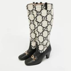 مملوكة مسبقًا حذاء بوت بطول الركبة غوتشي زومي قماش تويد وجلد أسود/أبيض GG مقاس 38