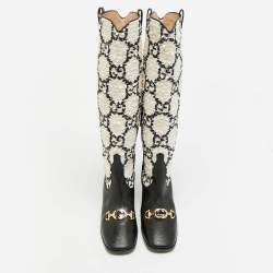 مملوكة مسبقًا حذاء بوت بطول الركبة غوتشي زومي قماش تويد وجلد أسود/أبيض GG مقاس 38