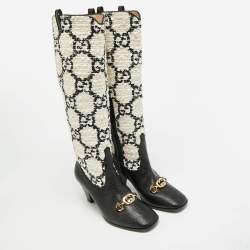 مملوكة مسبقًا حذاء بوت بطول الركبة غوتشي زومي قماش تويد وجلد أسود/أبيض GG مقاس 38
