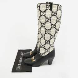 مملوكة مسبقًا حذاء بوت بطول الركبة غوتشي زومي قماش تويد وجلد أسود/أبيض GG مقاس 38