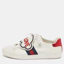 Pre Owned حذاء رياضي غوتشي آيس رقعة جلد أبيض منقوش مع ثعبان حب أعمى عنق منخفض مقاس 38.5