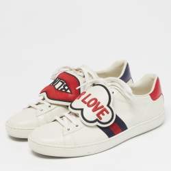 Pre Owned Gucci Ace Size 38.5 Cream/Red Leather and Python Embossed Leather Lace Up Sneakers