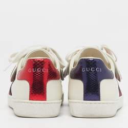Pre Owned Gucci Ace Size 38.5 Cream/Red Leather and Python Embossed Leather Lace Up Sneakers