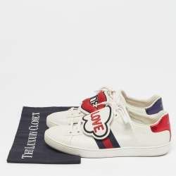 Pre Owned Gucci Ace Size 38.5 Cream/Red Leather and Python Embossed Leather Lace Up Sneakers