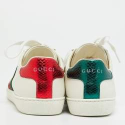 Pre Owned حذاء رياضي غوتشي جلد أبيض ونقشة جلد الأفعى أربطة مقاس 36