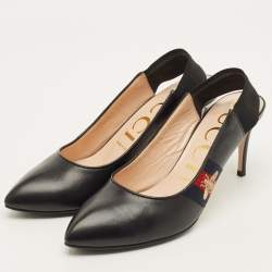 مملوكة مسبقًا Gucci Slyvie Size 38.5 Black Leather Web Slingback Pumps