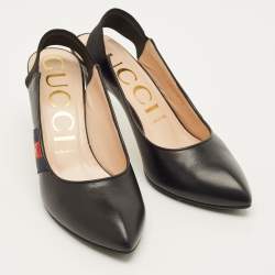 مملوكة مسبقًا Gucci Slyvie Size 38.5 Black Leather Web Slingback Pumps