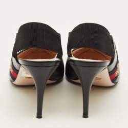 مملوكة مسبقًا Gucci Slyvie Size 38.5 Black Leather Web Slingback Pumps