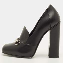 مملوكة مسبقًا Gucci Horsebit Size 38 Black Leather Block Heel Loafer Pumps