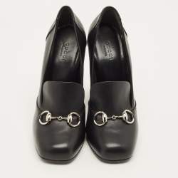 Pre Owned Gucci Horsebit Size 38 Black Leather Block Heel Loafer Pumps