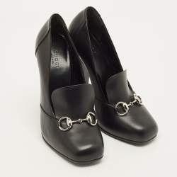 Pre Owned Gucci Horsebit Size 38 Black Leather Block Heel Loafer Pumps