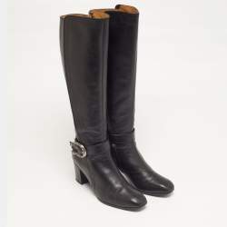 Pre Owned حذاء بوت للركبة غوتشي جلد أسود إليزابيث مقاس 42