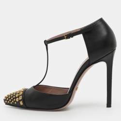 مملوكة مسبقًا حذاء كعب عالي غوتشي كولين جلد أسود حجم 35 بحزام مزين بالجواهر