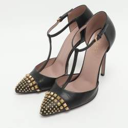 مملوكة مسبقًا حذاء كعب عالي غوتشي كولين جلد أسود حجم 35 بحزام مزين بالجواهر