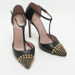 مملوكة مسبقًا حذاء كعب عالي غوتشي كولين جلد أسود حجم 35 بحزام مزين بالجواهر