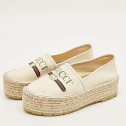 Pre Owned Gucci Size 39.5 Cream Canvas and Leather Logo Graphic Print Platform Espadrille