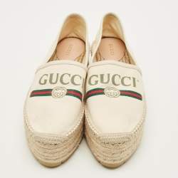 Pre Owned Gucci Size 39.5 Cream Canvas and Leather Logo Graphic Print Platform Espadrille